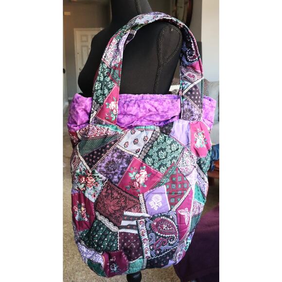 LARGE Vintage 80s 90s Patchwork Handmade Cotton Tote Bag Floral Paisley Quilted - Picture 7 of 7